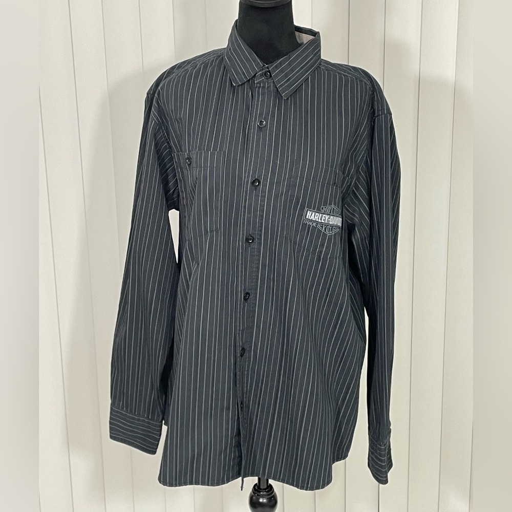 HARLEY DAVIDSON Pin Stripe Button Up Shirt Collared Embroidered Logo Black L